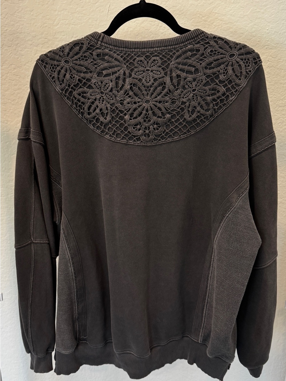 Aerie oversized terry Dark Charcoal Sweatshirt with Crochet Yoke